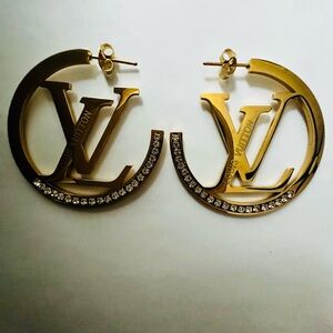 Gold Tone LV Logo Hoop Earrings with Crystal Accents